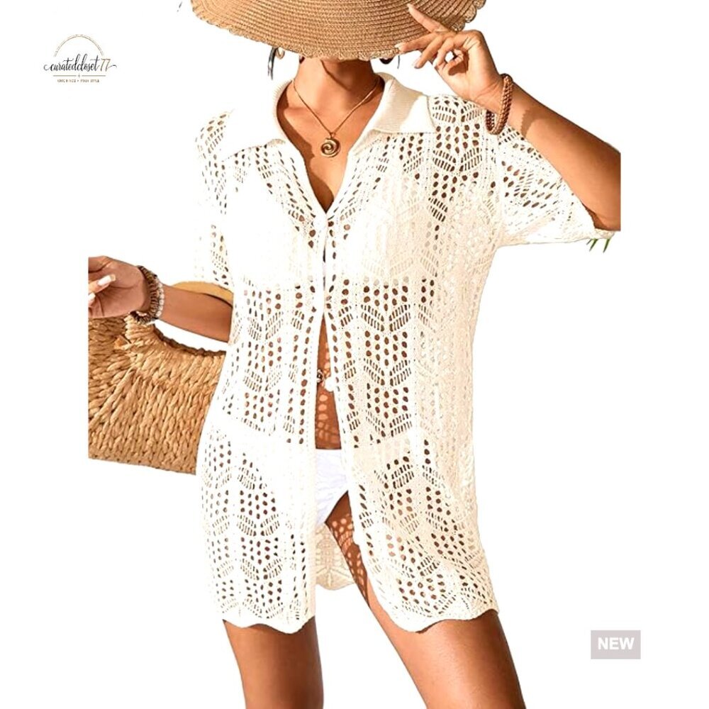 Oversized Crochet Polo Coverup Dress Beach Swimwear Polyester